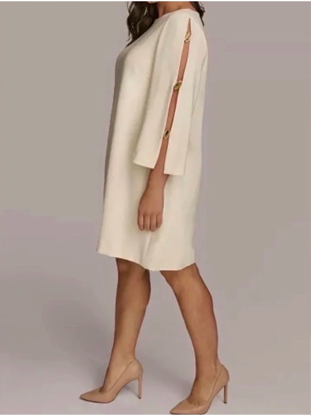 Donna Karan Light Cream Shift Dress with Button-Trim Sleeves - Picture 3 of 3